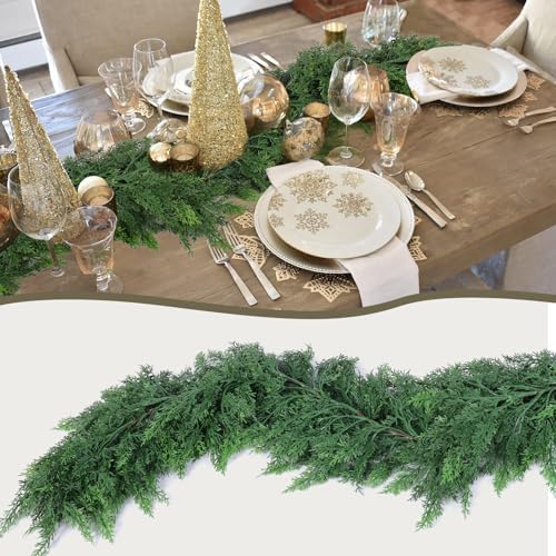 Hananona 6 FT Artificial Cedar Garlands, Real Touch Winter Cedar Cypress Garland, Green Artificial Greenery Pine Garland for Table, Mantle, Wall, Indoor, Outdoor Christmas Decorations (1, 6 FT)