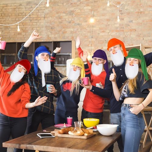 21 Pcs Halloween Dwarf Costume Accessories, Colorful Dwarf Hats Set with Large Nose and White Beard, Gnome Fairy Party Hats for Halloween Christmas Cosplay Theme Party