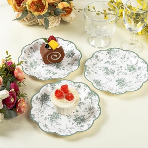 Sage Green Floral Leaf Disposable Paper Plates - Wildflower Green Toile 7" Scalloped Rim Dessert Plates for Christmas, Birthday, Bridal & Tea Parties (48)