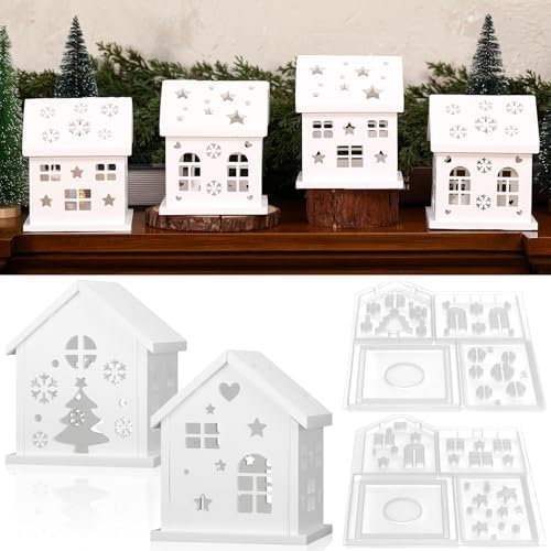 2 Set Christmas Village House Silicone Molds Plaster Epoxy DIY Craft Making Mold White House Buildings Lantern Casting Xmas Tabletop Decoration for Home Indoor Xmas