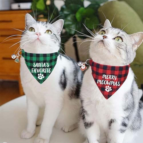STMK 2 Pack Christmas Cat Bandana Collar with Bell, Breakaway Holiday Cat Kitten Bandana Collar with Bell for Cats Costumes Outfits (Merry Meowmas & Santa's Favorite)