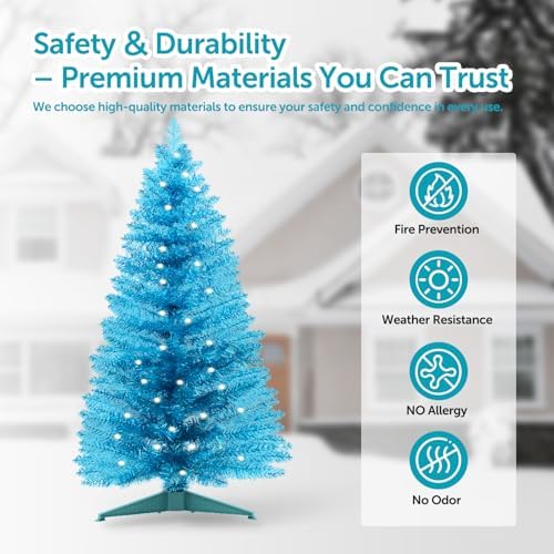 4ft Lighted Artificial Blue Christmas Tree，Small Snowy Artificial Xmas Tree, Not Pre-lit White Tinsel Pine Trees with Lights for Small Spaces, Office Lobby & Winter Wedding Centerpiece