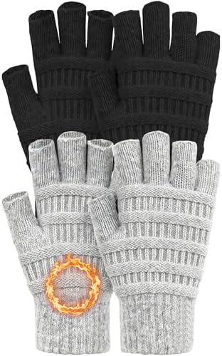 2 Pairs Fingerless Gloves for Women Men, Half Finger Winter Warm Stretch Knitted Gloves for Texting Typing Driving Working