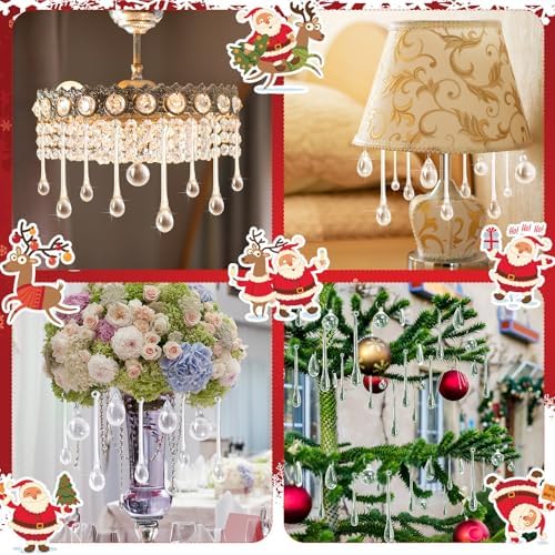 200 Pcs Christmas Tree Ornaments Clear Acrylic Hanging Teardrop Ornaments 5 Styles Christmas Crystal Chandelier Pendant Crystals for Centerpieces Chandelier Wedding Decor (Clear)