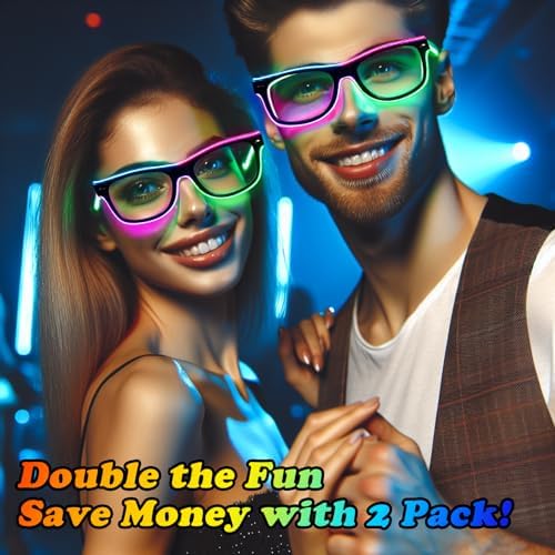 YouRfocus Led Light up Glasses 2 Pack Multi-Color Glow in the Dark Neon Rave Glasses for Rave Party, EDM, Halloween, Christmas, Wired with Battery Power (6 colors)