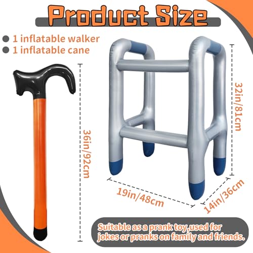 2 Pcs Inflatable Walker and Cane,Fake Cane Blow Up Toy,Funny Old Age Costume Prop for Retirement Party Decorations Gag Gift,100th Day of School,Christmas,Halloween