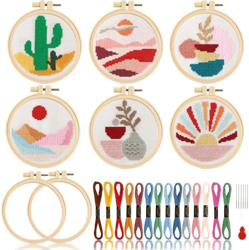 ZOIIWA 6PCS Cross Kits for Beginners DIY Embroidery Kit for Kids Adults Boho Cross Kits Christmas Birthday Gift Abstract Landscape Needlepoint Patterns with 2 Embroidery Hoops Craft Supplies