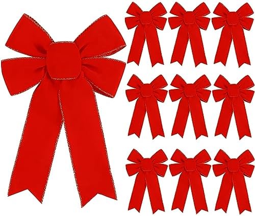 10 Pack Red Bows Christmas Tree Decorations,9”x13”Large Velvet Ornament Bow with Glitter Gold Edge for Xmas Home Wreath Fence Stairs Railing Fireplace Indoor Outdoor Front Door Decor