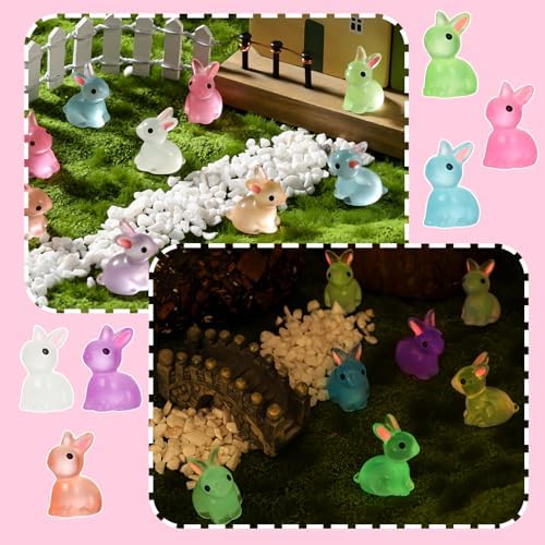 140Pcs Mini Resin Luminous Bunnies Glow in Dark Resin Rabbit Figures for Fairy Garden Luminous Mini Portrait Fairy Garden DIY Christmas Party Ornament Accessories Charms Party Favors