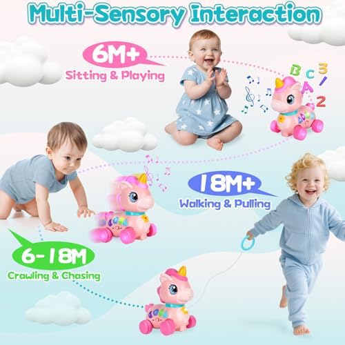 Baby Unicorn Toy 6-12-18 Months with Music & Lights Explore Bilingual Educational For Toddler Sensory Development Learning Walking Moving Crawling Tummy Time Toys Christmas Birthday Gifts for Infants