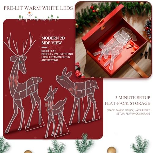 [3-Piece Reindeer Christmas Decorations Outdoor] 2D Lighted Deer Family with 260 LED Light. Durable Yard Lawn Holiday Decor, Outdoor Lighted Holiday Display for Yard Lawn Garden-White