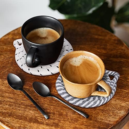 Whaline Christmas Cat Ears Coaster Set Cat Ear Shape Handmade Braided Cotton Coasters White Grey Non-Slip Absorbent Drink Coaster with Holder for Winter Birthday Housewarming Gifts Home Decor, 4Pcs