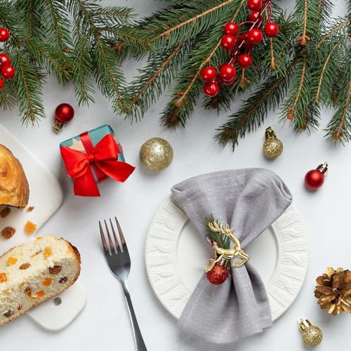ZeeDix Gold Reindeer Christmas Napkin Rings Set of 6, Napkin Holder Ring for Christmas Dinner Table Decor Cloth Napkins, Wedding Receptions, Holiday Party, Banquet and Home Kitchen