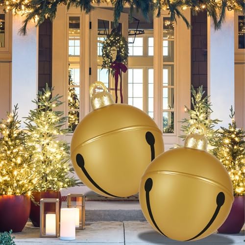 2 Pcs Giant Inflatable Christmas Balls, 24IN PVC Jingle Bell Large Outdoor Indoor Christmas Ornaments,Oversized Blow Up Balls for Garden Yard Patio Decorations (24 Inch Gold, 2)