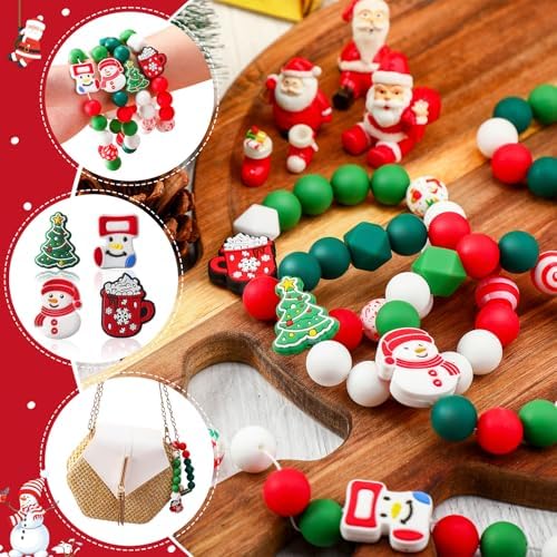 100PCS Christmas Silicone Focal Beads - Bulk 15mm Silicone Beads for DIY Crafts Keychain & Bracelet Making Kit