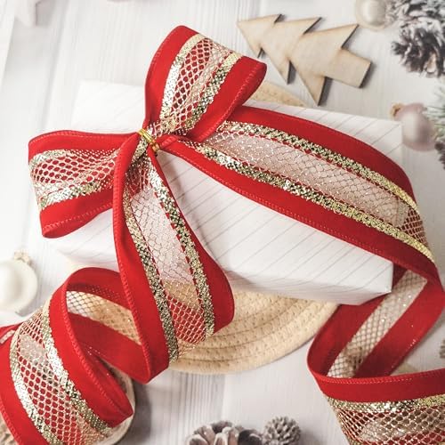 2.5" Red Velvet Gold Mesh Wired Ribbon 10Yards for Christmas Wedding Wreath Gift Wrapping Home Décor DIY
