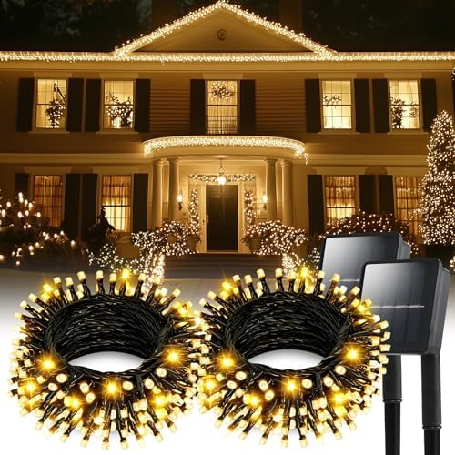 Solar String Lights for Outside, 2 Pack 200 Led Solar Christmas Lights Outdoor Waterproof 82ft Solar Fairy Lights 8 Lighting Mode Solar String Lights Idea for Garden,Courtyards,Trees(Warm White)