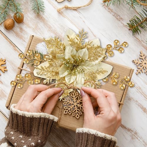 Sggvecsy 30 Pcs 3 Styles Christmas Glitter Poinsettia Flowers Artificial Berry Picks Christmas Tree Ornaments Artificial Christmas Flowers with Clips for Xmas Wedding Wreath Floral Decorations(Gold)
