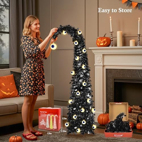 MACTING Whimsical Halloween Tree with Eyeball String Lights 5FT Black Pop Up Christmas Tree with 30 Eyeball Lights Collapsible Tinsel Pencil Curved Tree for Apartment Porch Indoor Outdoor Xmas Decor