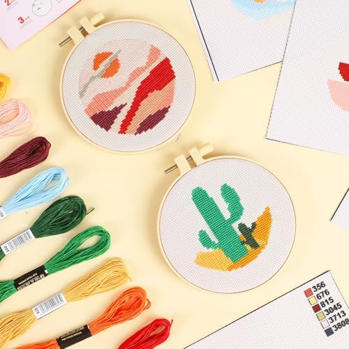 ZOIIWA 6PCS Cross Kits for Beginners DIY Embroidery Kit for Kids Adults Boho Cross Kits Christmas Birthday Gift Abstract Landscape Needlepoint Patterns with 2 Embroidery Hoops Craft Supplies