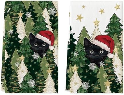 Artoid Mode Black Cat Star Xmas Tree Christmas Kitchen Towels Dish Towels, 18x26 Inch Farmhouse Holiday Winter Decoration Cleaning Set of 2