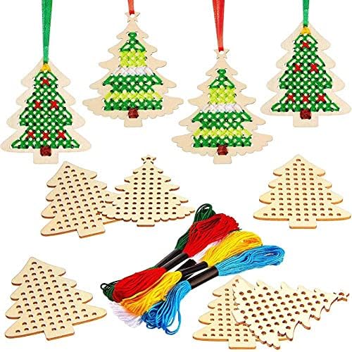 10 pcs Christmas Wooden Cross Stitch Kits Cross Stitch Wood Ornaments Christmas Hanging Decors Craft Christmas Decorations for Christmas Tree Decoration Supplies (Tree Style)