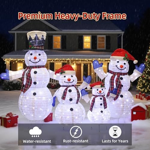 4-Piece 3D Lighted Snowman Family Set Outdoor Christmas Decorations Outdoor Snowman Decorations Collapsible Snowmen Yard Decor for Yard Patio with Weather-Resistant