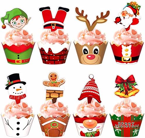 128 Pieces Christmas Cupcake Toppers Wrappers Party Supplies Favors - Snowman Santa Claus Reindeer Elf Gnome Gingerbread