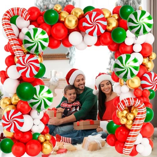 126 PCS Red Green White Christmas Balloon Garland Arch Kit, Gingerbread Holiday Balloon Arch Kit Xmas Christmas Decorations Balloons Christmas Party Garland Balloons Candy Cane Balloon Arch Kit