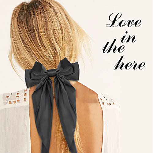 Big Bow Hair Accessories 2pcs - Long Tail French Satin Silky Barrettes for Women and Girls, Black, Burgundy, Red Bows for Birthday, Party, Show, Christmas