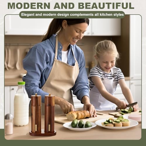 Wooden Salt and Pepper Grinder Set 8 Inch Manual Salt and Pepper Mill with Tray Adjustable Coarseness Refillable Wood Grinders with Gold Bottle Label for Kitchen Christmas Home Gift(Wood Color)