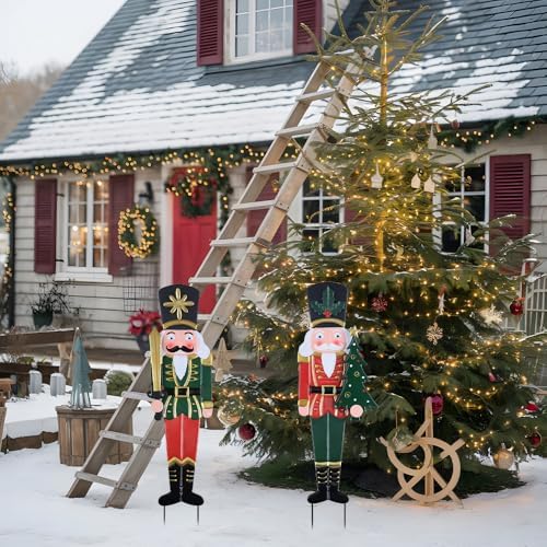 YEAHOME Outdoor Christmas Decorations, Set of 2 Metal Nutcracker Decorative Garden Stakes for Christmas Outdoor Yard, Xmas Walnut Soldier Yard Signs for Outside Home Garden Lawn Porch Pathway Decor