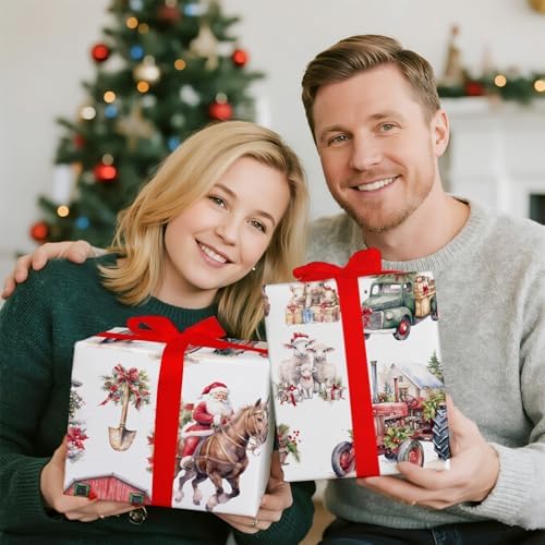 RUSPEPA Christmas Farm Wrapping Paper Roll, Mini Roll, Santa on Horse, Tractor, Red Barn, Farm Animalsand Christmas Decorations, Rustic Gift Wrap for Holiday, Country Party,17 Inches x 16.4 Feet