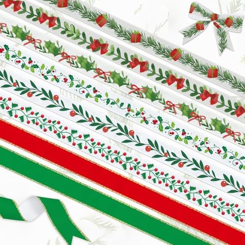 YKW Christmas Ribbon Set - 8 Festive Patterns, 24 Yards Total - 3/8" Wide Holiday Ribbon for Gift Wrapping, Tree Decorations, Crafts -Threaded Ribbon for Xmas Decor, DIY Projects