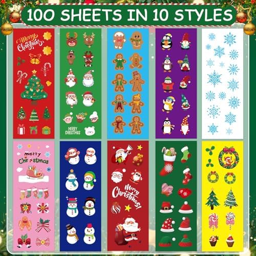 FEBSNOW Christmas Stickers, 100 Sheets Christmas Stickers for Kids Over 1300pcs Vinyl Waterproof Xmas Scrapbook Stickers Holiday Crafts Snowman Snowflakes Stickers Christmas Party Favors Gifts Decor
