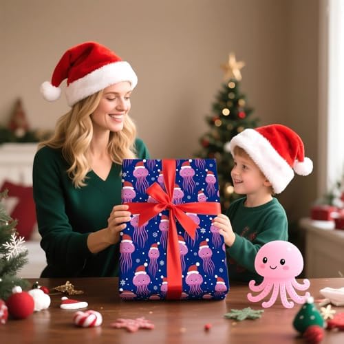 WRAPAHOLIC Ocean Christmas Wrapping Paper - Mini Roll - 17 Inch x 16.5 Feet - Jellyfish with Snowflake Wrapping Paper for Christmas Holiday, Party Celebration