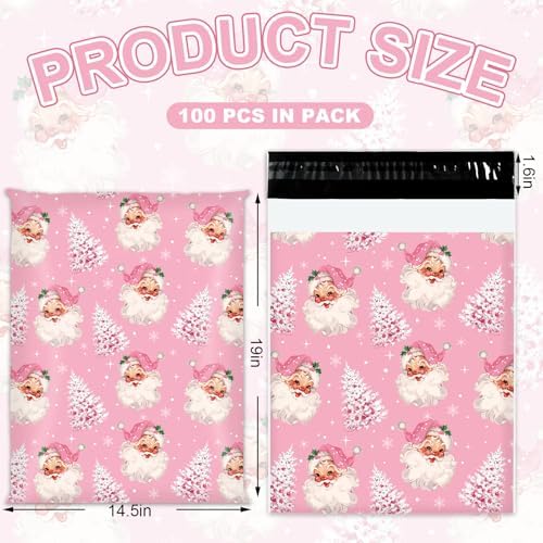 100Pcs Christmas Poly Mailers Pink Xmas Tree Santa Packing Bags With Self Sealing Decorative Envelope Mailers For Small Business Clothing, 14.5 x 19 Inch