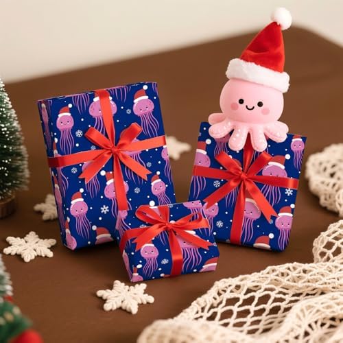 WRAPAHOLIC Ocean Christmas Wrapping Paper - Mini Roll - 17 Inch x 16.5 Feet - Jellyfish with Snowflake Wrapping Paper for Christmas Holiday, Party Celebration