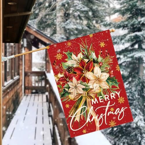 AVOIN colorlife Floral Merry Christmas House Flag 28x40 Inch Double Sided Outside, Christmas Flowers Winter Holiday Yard Outdoor Decorative Flag