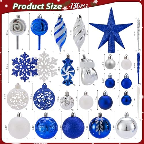 130 Pcs Christmas Ball Ornaments, Christmas Tree Decoration Set Red Christmas Ball Shatterproof Hanging Ornament Decorations for Christmas Tree, Wreaths, and Outdoor Displays(Blue)