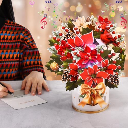 Pop Up Christmas Cards with Lights and Music, 12 inch Paper 3D Poinsettia Bouquet Design, Musical Xmas Flower Popup Greeting Card with Note Card & Envelope for Christmas Holiday Decoration