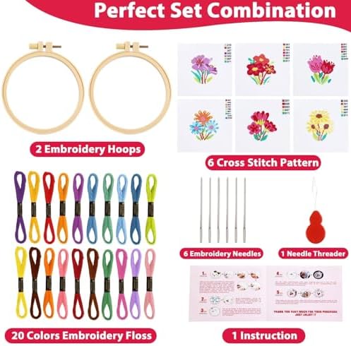 ZOIIWA 6PCS Fall Themed Flower Cross Sewing Kits for Beginners Flower DIY Embroidery Kit for Kids Adults Party Birthday Christmas Gift Needlepoint Patterns with 2 Embroidery Hoops Craft Supplies