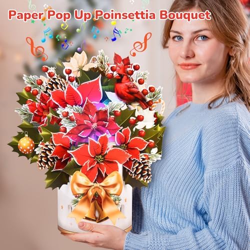 Pop Up Christmas Cards with Lights and Music, 12 inch Paper 3D Poinsettia Bouquet Design, Musical Xmas Flower Popup Greeting Card with Note Card & Envelope for Christmas Holiday Decoration