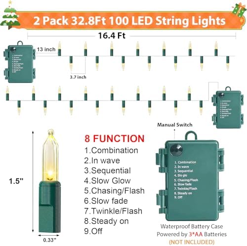 2 Pack 100 LED Outdoor Christmas Lights, 35FT Battery Operated Mini String Lights with 8 Modes & Timer Xmas Tree Lights Waterproof for Patio Garden Party Wedding Holiday Decor Warm White