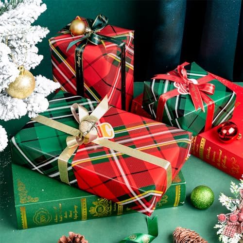 LeZakaa Christmas Wrapping Paper Jumbo Roll, Green & Red Plaid Classic Retro Reversible Design for Thanksgiving, New Year, Valentines, Wedding, Anniversary, Family Gathering, 24 inches x 100 Feet