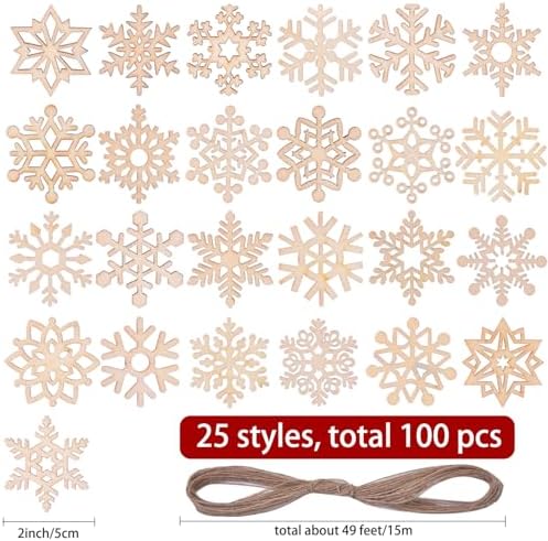 100 PCS Snowflake Ornaments for Christmas Decoration, Wooden Cutouts Ornament for Hanging Embellishments and Craft DIY, Rustic Farmhouse Holiday Decor with Strings (100)