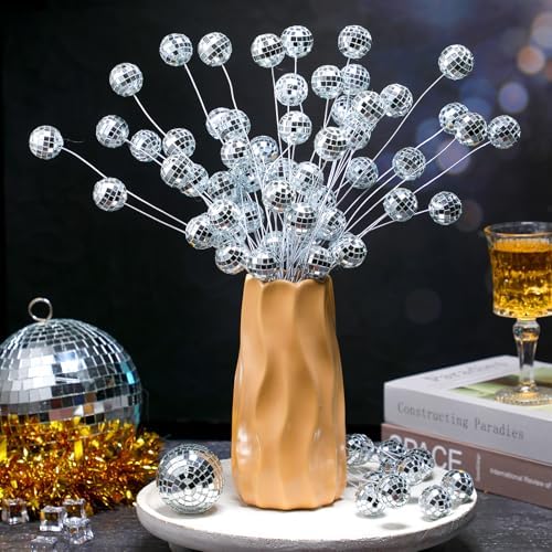 12 Pcs Disco Ball Ornaments Silver Christmas Ornaments Disco Balls Party Decorations Glitter Mini Flower Picks Sticks Bulk 14 Inch Sticks Planter Vases Glitter Stems for Crafts Decor