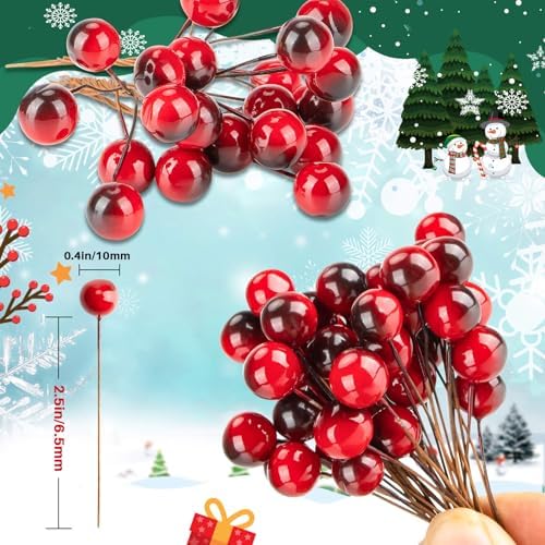 MAQIHAN Artificial Holly Berries - 150 Pcs Christmas Holly Berries Stems for Crafts Faux Holly Berries Artificial Red Holly Berry Stems for Christmas Wreath Christmas Tree Table Kitchen Wall Decor