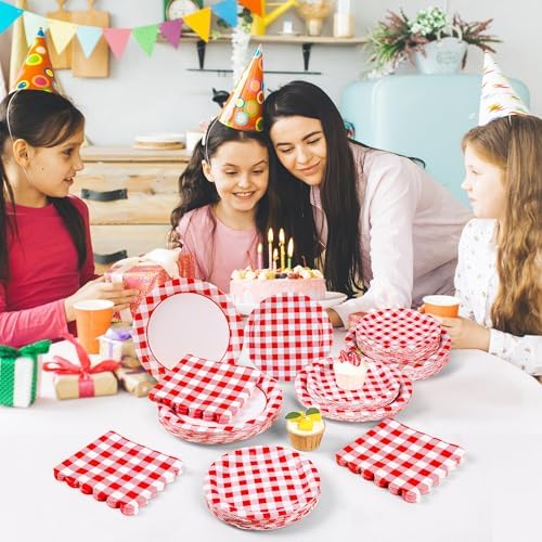 150Pcs Gingham Party Supplies Red Gingham Paper Plates and Napkins Red Plaid Party Plates Disposable Red and White Checkered Plates for Christmas Birthday Family Picnic，Serves 50