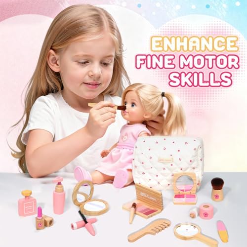 Wooden Pretend Makeup Kit for Toddlers: Non Toxic Mess Free Play Makeup Toy Set for 2 3 4 Year Old Girls - Perfect Toddler Montessori Toys Christmas Birthday Gift Ideas